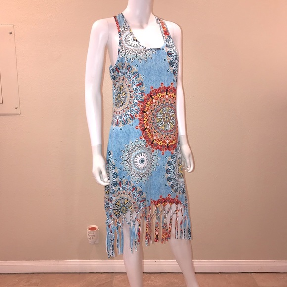 Summer Sleeveless Dress Size M Beach Dress Boho Print Tie Fringe Hemline - Picture 1 of 14